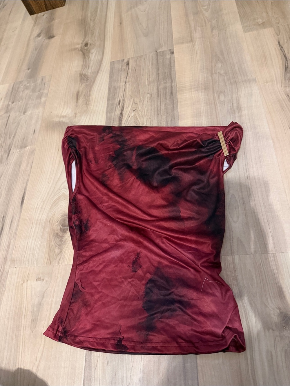 size xs asymmetrical red tie dye top with gold clasp